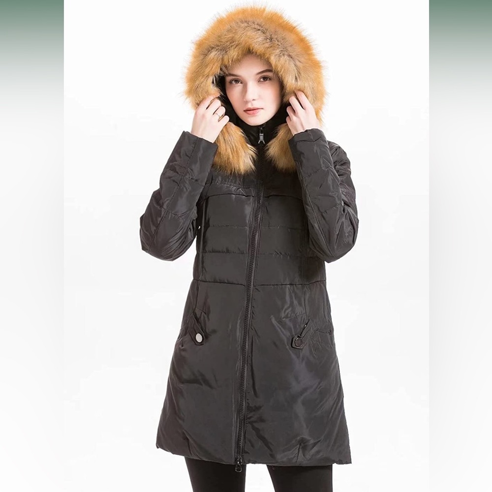 Women's Size Medium Long Black Hooded Down Puffer Parka/Jacket/Coat